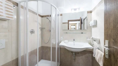 Kleines modernes Badezimmer mit Dusche, Waschbecken und Haartrockner