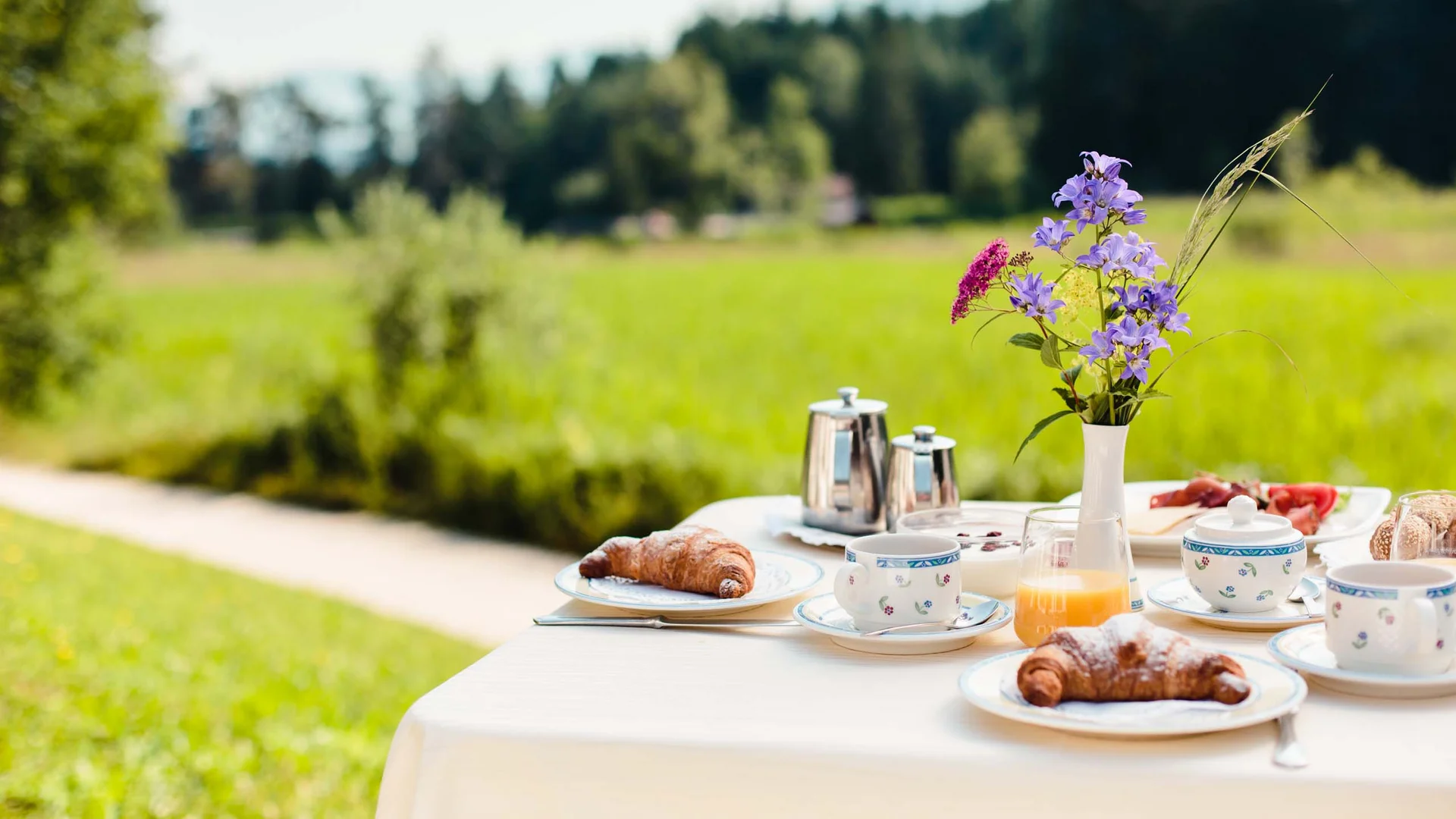 Frühstückstisch mit Croissants und Saft vor grünem Feld