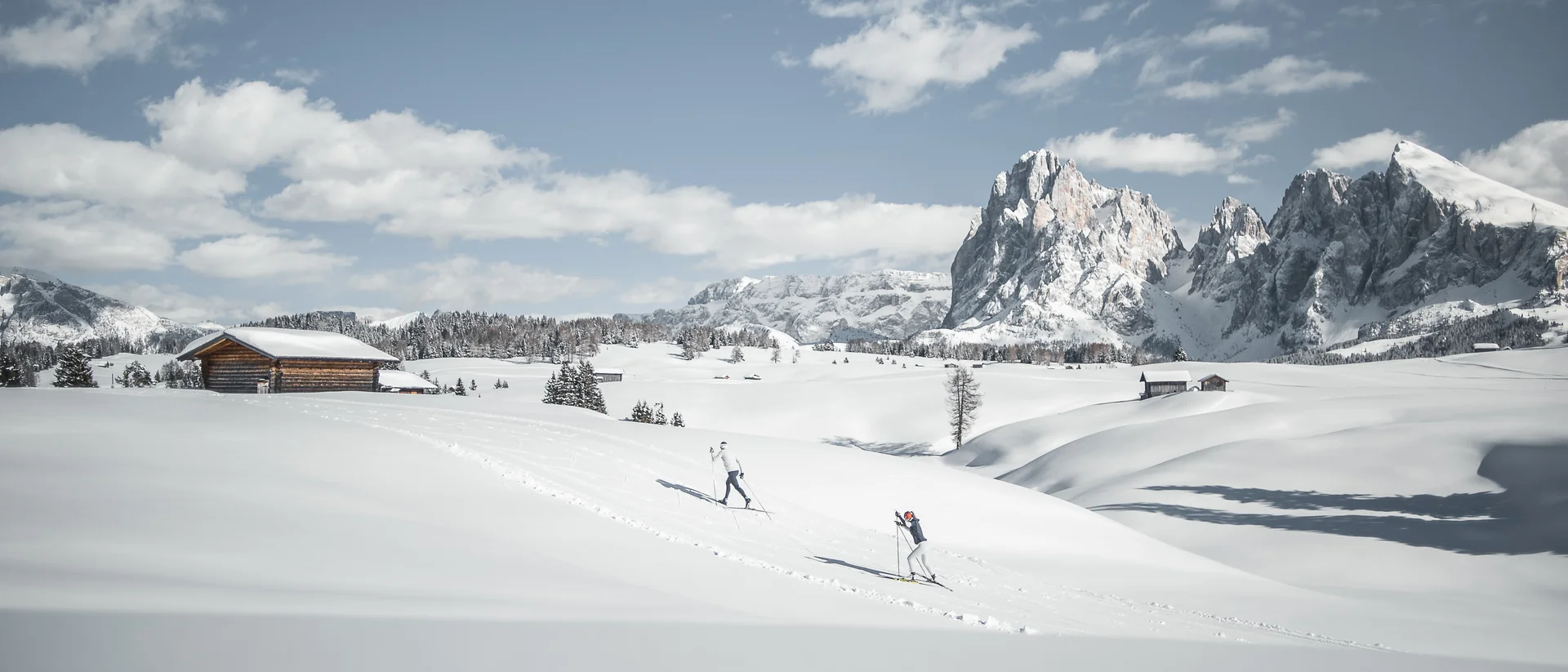 Two skiers in snowy mountain landscape with cabins and peaks