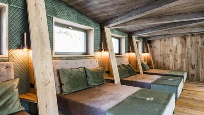 Gemütlicher Raum mit Holzverkleidung und grünen Sitzgelegenheiten