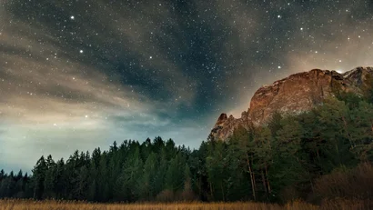 Sternenhimmel über Wald und Felsen bei Nacht