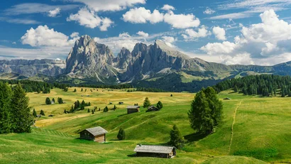 Grüne Almwiesen mit Holzhütten vor den Dolomiten unter blauem Himmel