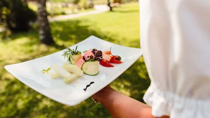Person trägt Teller mit Gourmet-Gemüse und Lachs im Freien