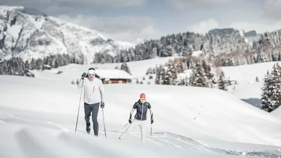 Zwei Skifahrer beim Langlauf in verschneiter Berglandschaft